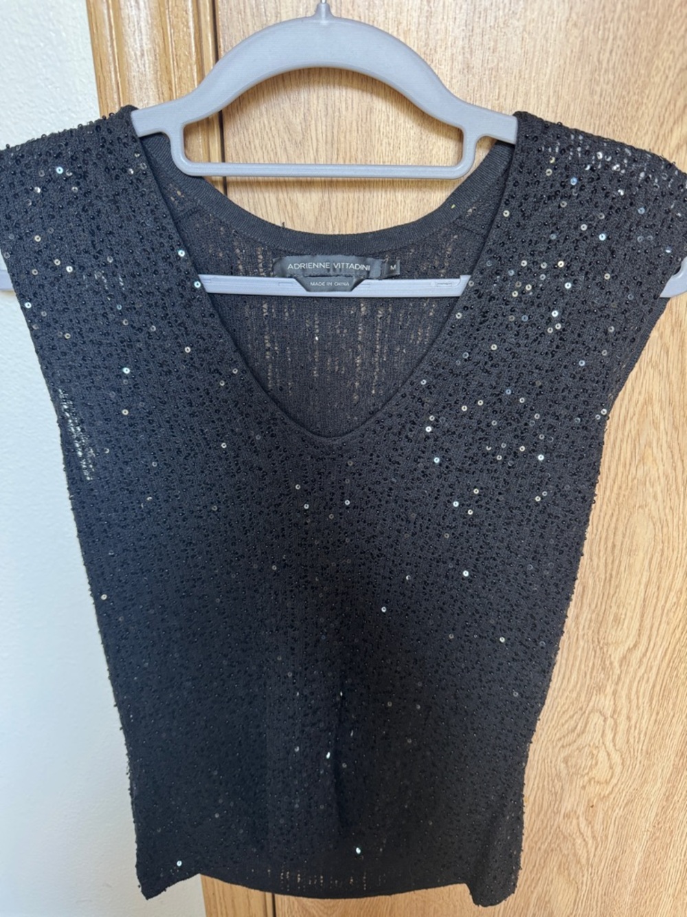 Adrienne Vittadini Black Sequin Knit V-Neck Dress
